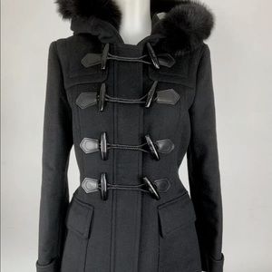 Burberry Black Wool Toggle Coat with Fur-Trim Hood